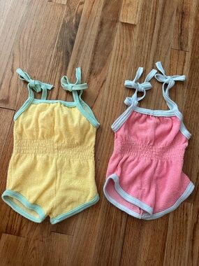 VTG 70s Baby Terry Cloth Sunsuit Romper set 2 pink and yellow 3-6 mos retro boho